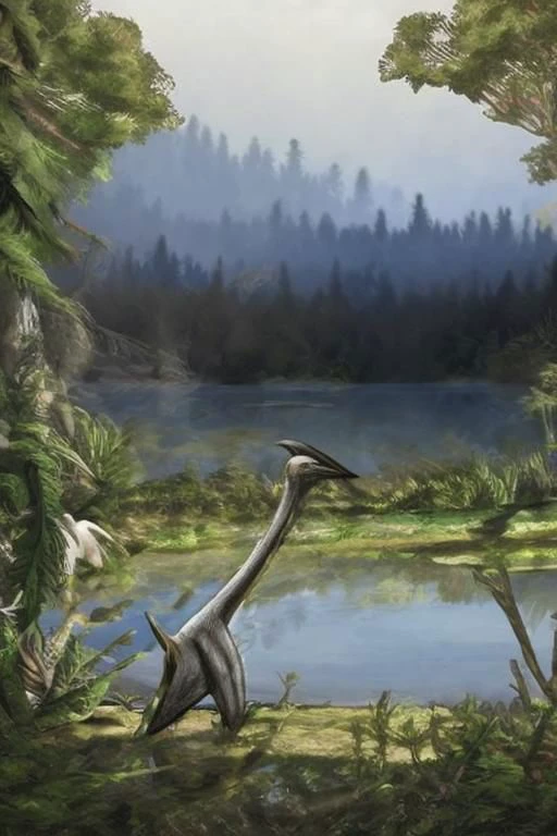 Pterosaur, forest, lake