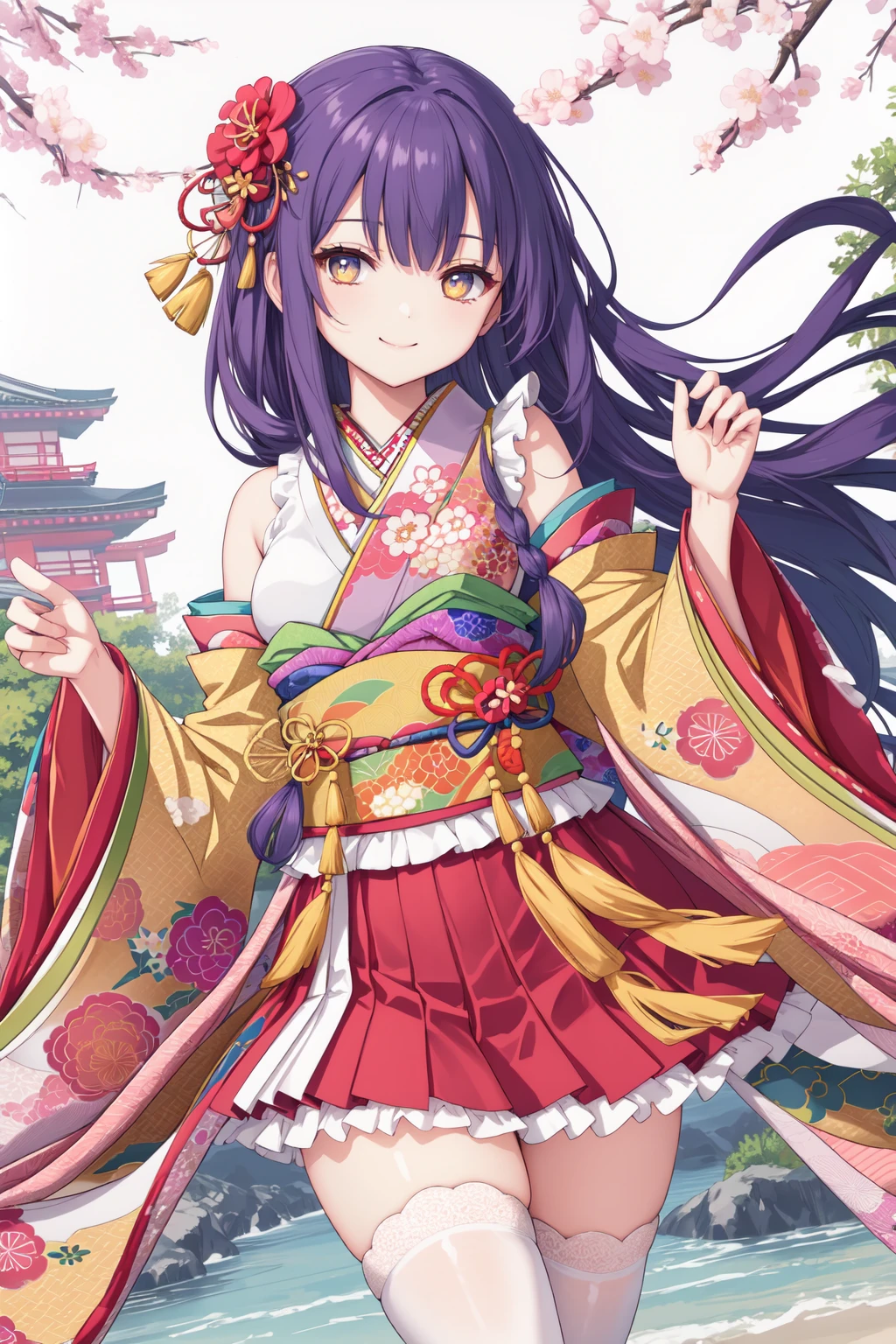 pixai, intricate details, highres, best quality, HDR,
dynamic pose,
<lora:add_detail:0.1> ,<lora:outline:-0.1>,
outdoor,
smile,
(Pretending to struggle with an invisible wind),
(hand on shoulder:1.2),
BREAK,
shoulder length hair,
royal purple hair,
orange color eyes,
(medium breasts:1.1),
<lora:cute_kimono_N_V1_1-000010:0.8>,
frills, japanese clothes, hair flower,wide sleeves, kimono, white thighhighs, zettai ryouiki, floral print, skirt,detached sleeves,