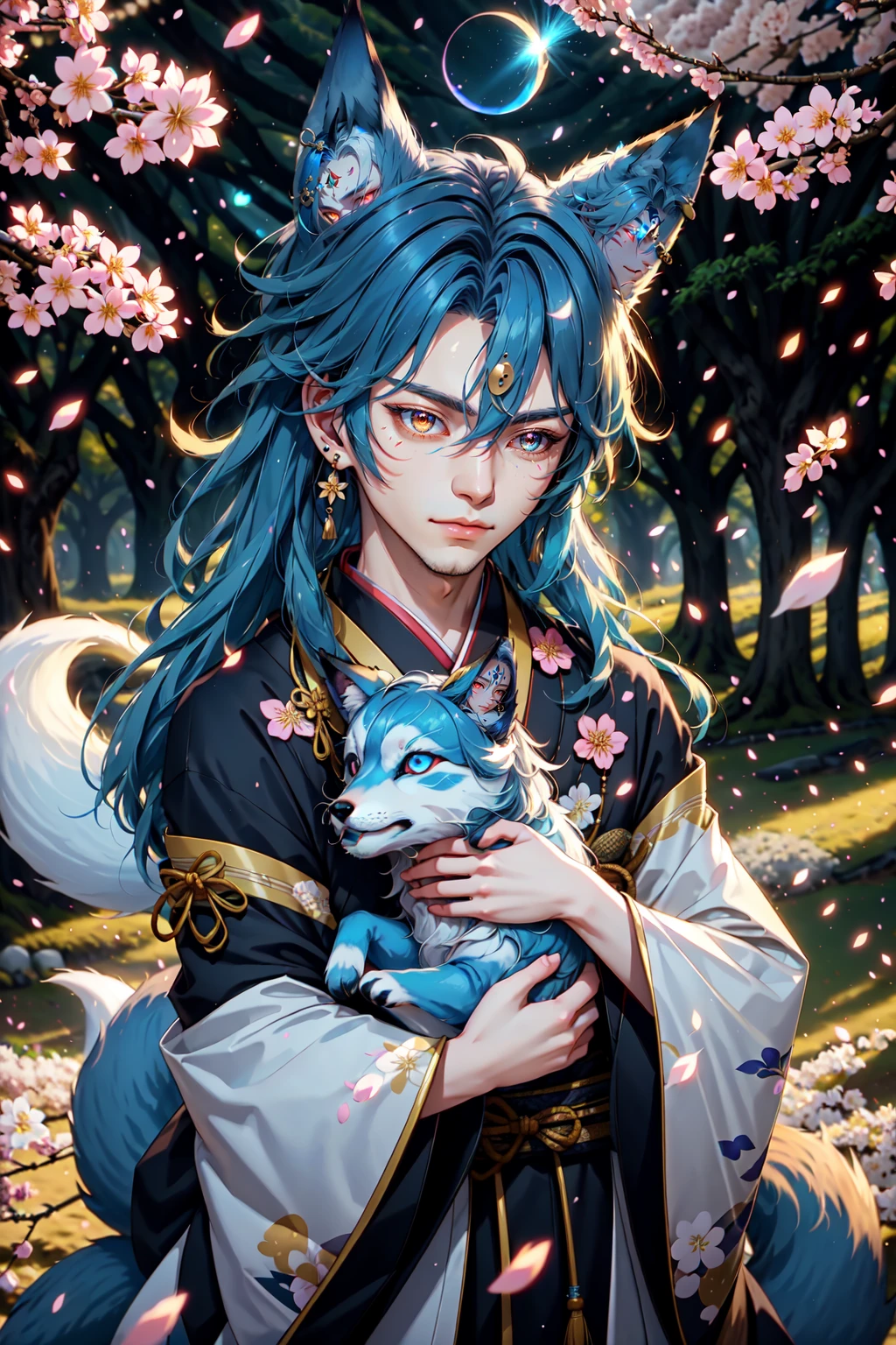 Kitsune_Yokai, 1boy, male focus, solo, fox ears, animal ears, animal ear fluff, long hair, long sleeves, facial mark, forehead mark, jewelry, upper body, two tone hair, blue hair, white hair, earrings, holding, hug, fox, holding a fox, animal, japanese clothes, tree, petals, depth of field, blurry background, cherry blossoms, branch, flower, falling petals, outdoors, glowing, glowing eyes, Oni, Kitsune, outdoors, LUT like A movie, Yokai, magic, glitter, vantage point, dynamic angle, extreme light and shadow, specular reflection, octane render, <lora:YokaiKitsune:0.8>