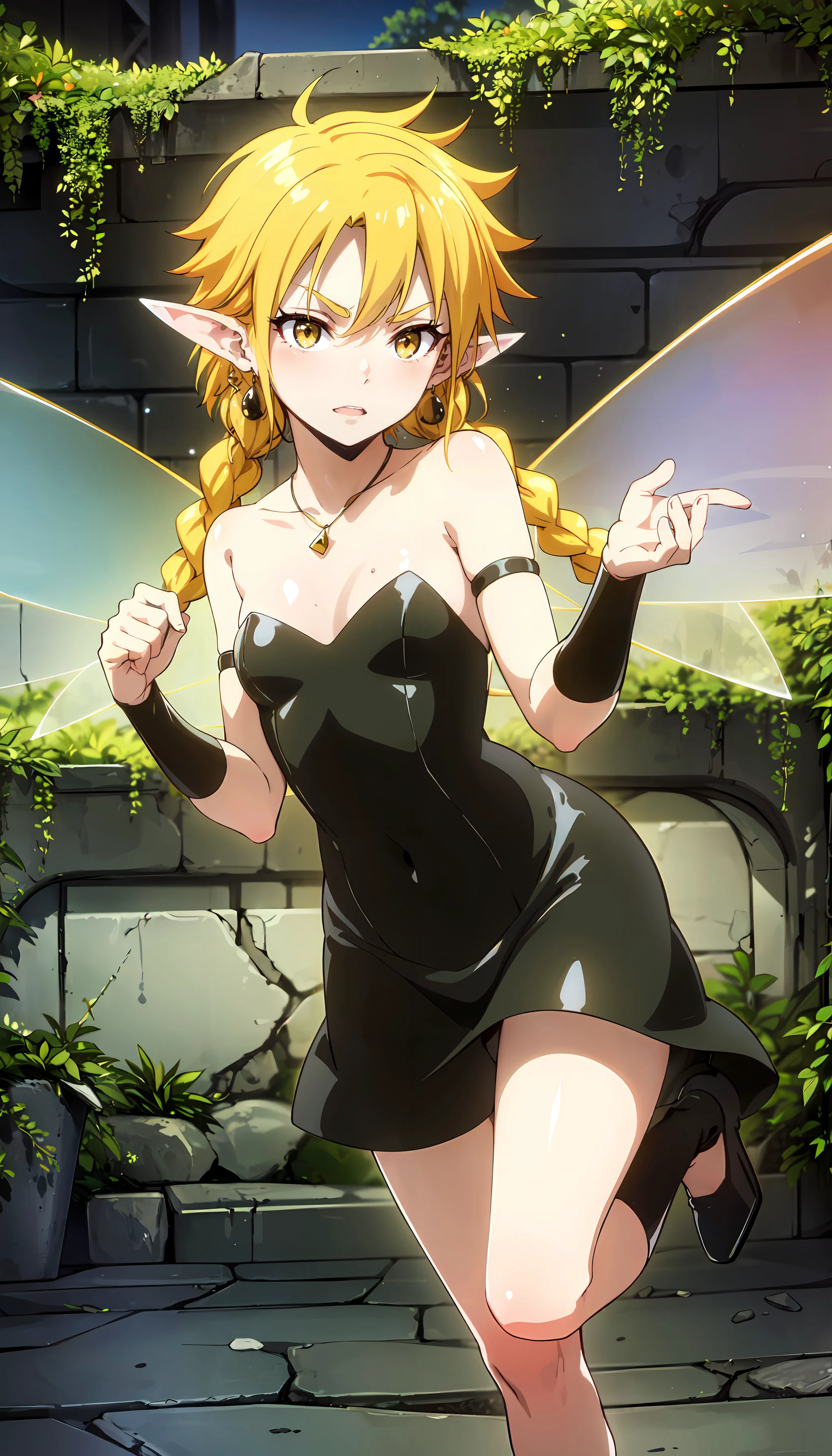 realistic, (4k), Depth of the bounds written, (masterpiece), (realistic skin texture), very detailed, Complex, very detailed, professional photography, Bokeh, High resolution, sharp details, highest quality, goblin, black dress, strapless dress, blonde hair, twin braids, long braids, gold belt, Black arm guards, bangles, yellow eyes, (goblin wings), black earrings, (squat), winter, snow, snowing, outdoor, snow covered trees,
