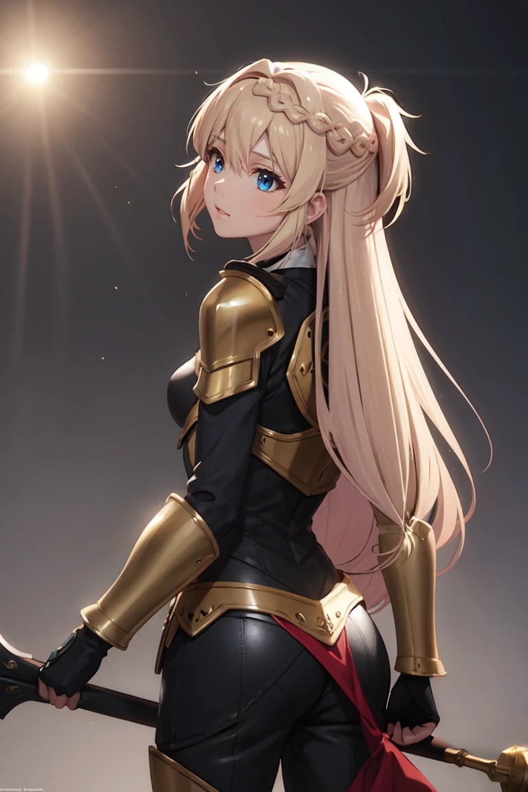 masterpiece, best quality, ultra-detailed, glistening shiny, glowing light, ray tracing, HDR, deph of field, (perfect face, detailed face), <lora:AizawaAzusa:0.7>, aizawaazusa, very long hair, braid, small breasts, armor, (chestplate:1.2), pants, from behind