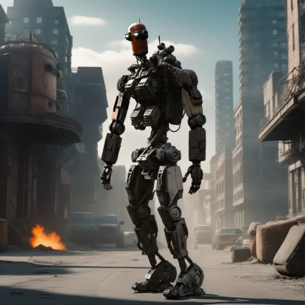 JeffFinch1024, a robot, full body, post apocalyptic city background, highly detailed, photography, ultra sharp, film, bokeh, professional, 64k <lora:JeffFinch1024-000400:0.7>