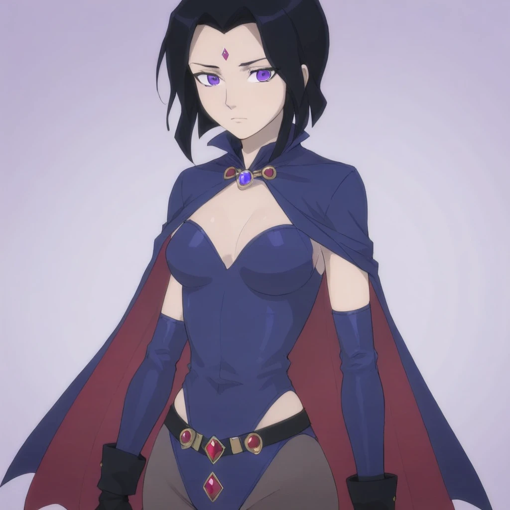 masterpiece,cartoon style,A woman with black hair wearing a suit with black, purple, and blue colors, along with a red jewel on her chest, stands with her hands on her hips. She is dressed in a superhero costume that includes a long-sleeved top, black gloves, a belt, and boots. Her attire features red accents, such as on the belt and jewel on her chest. The background of the image is white., <lora:ravenvs:0.75>