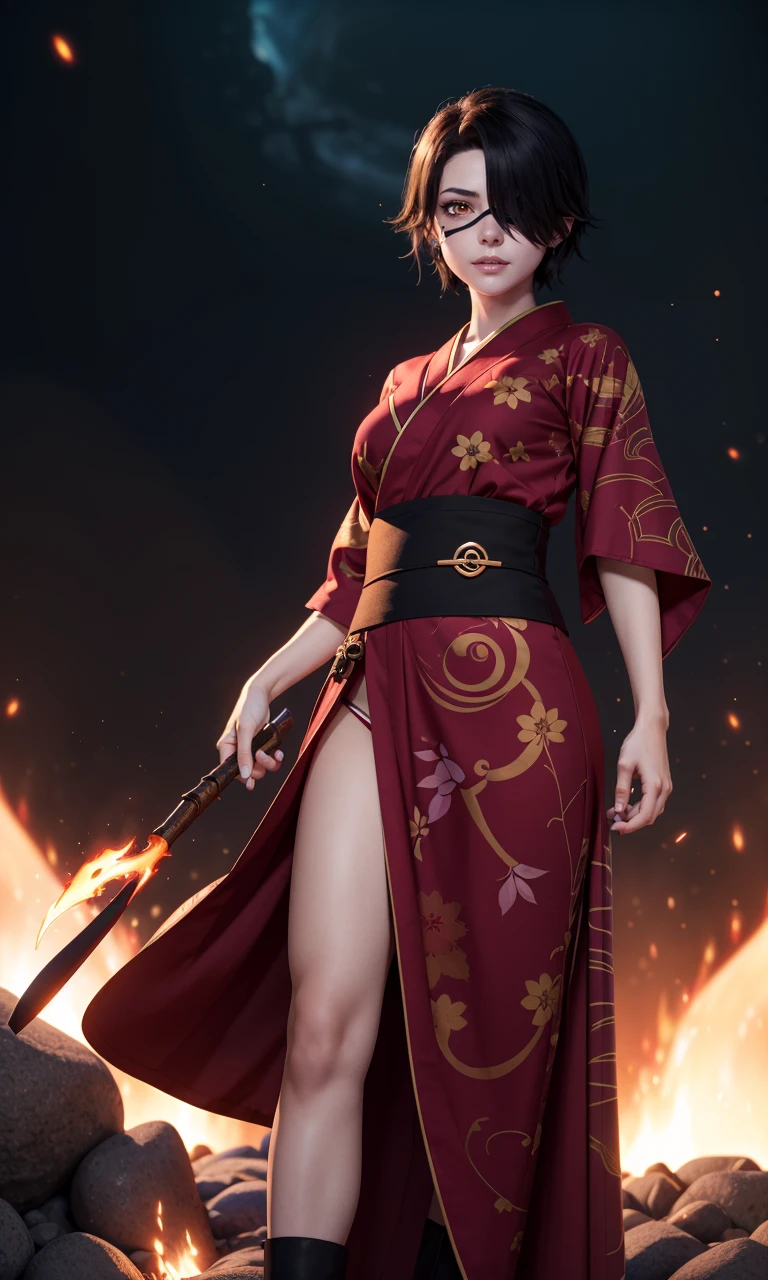 cinderfall2023, best quality, masterpiece, 1girl, anime style, glowing eye, standing, red kimono dress, eyepatch, fire, action show, magic powers,