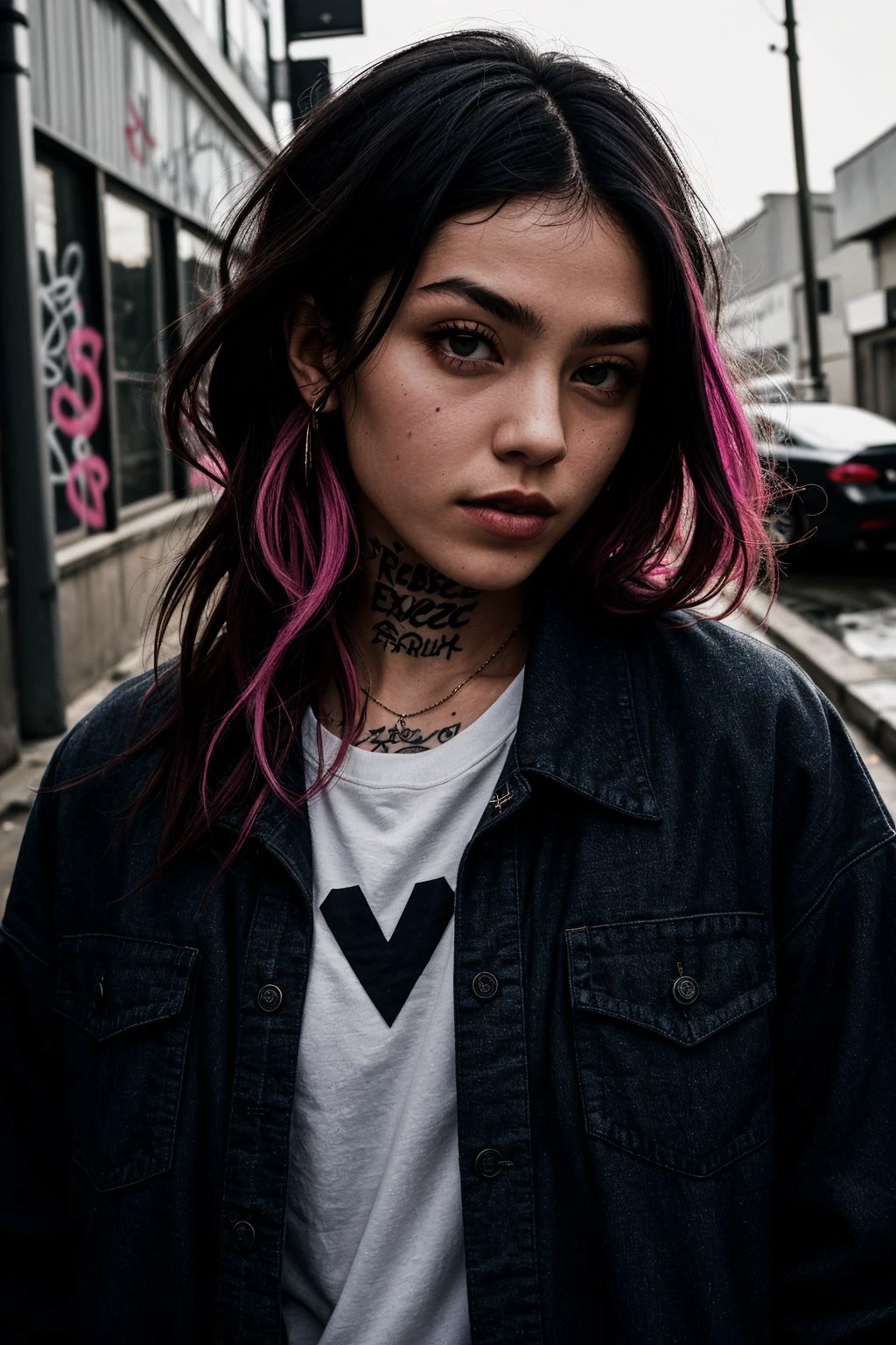 upper body portrait, raw essence of a tattoed street style icon, drenched in rebellious energy, wearing oversized flannel shirt, vibrant graffiti as backdrop, edgy fashion, sense, confident gaze, colorful hair, light beams streaming through haze, Incredibly Sharp, Vividly Defined