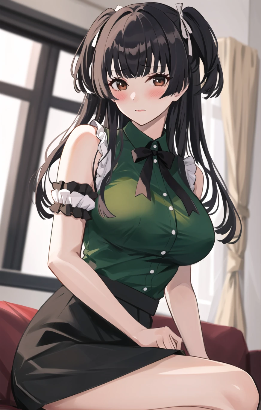 mayuzumi_fuyuko, 1girl, skirt, black_hair, two_side_up, breasts, long_hair, sitting, solo, brown_eyes, bangs, looking_at_viewer, blush, green_shirt, shirt, bare_shoulders, blurry, blurry_background, large_breasts, eyebrows_visible_through_hair, ribbon, indoors, closed_mouth, black_skirt, armband, frills <lora:style_GIn00:1>