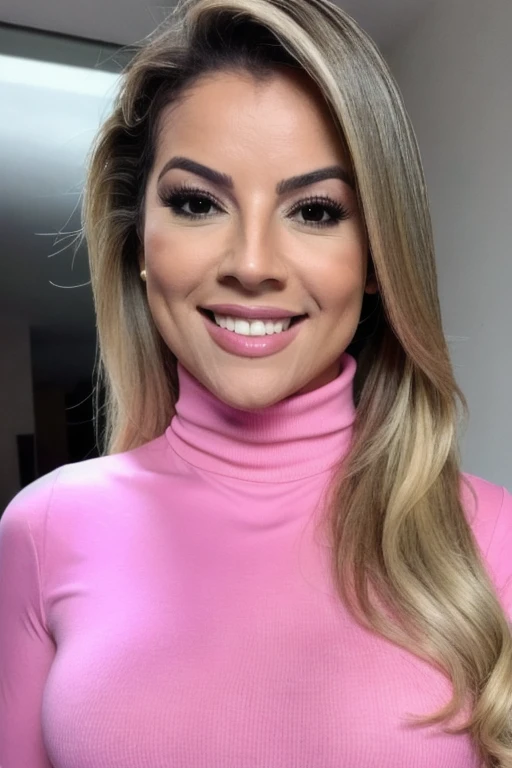 Photo of beautiful r0s4n4bumbum woman, detailed face smiling , (blurred background)+, pink turtleneck blouse