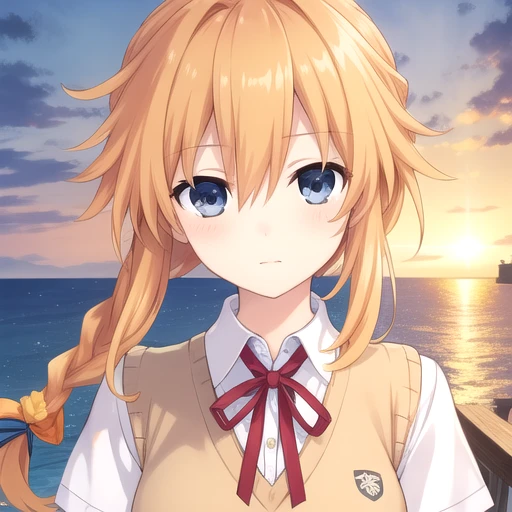 ((masterpiece)),(best quality),official art,extremely detailed CG,unity 8k wallpaper,ultra detailed,A lighthouse on a cliff by the sea,1girl,solo,upper body,(portrait:1.2),looking at viewer,yamai yuzuru,bangs,orange hair,blue skirt,braid,braid drill,sidelocks,eyebrows visible through hair,hair between eyes,hair ornament,very long hair,miniskirt,neck ribbon,pleated skirt,red ribbon,sweater vest,beige sweater,short sleeves,white shirt,white socks,loafers,<lora:Yamai Yuzuru(dal)>,<lora:TSNeptunia-000045:0.5>,