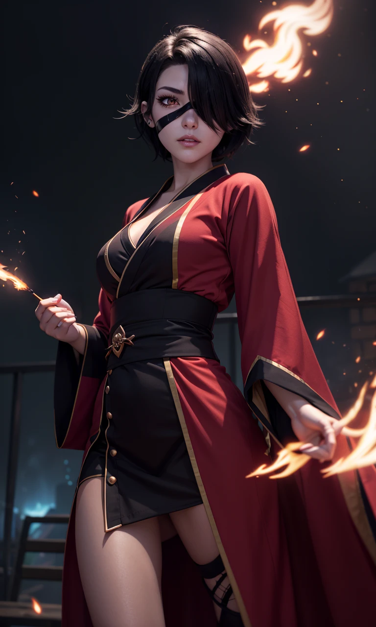 cinderfall2023, best quality, masterpiece, 1girl, anime style, glowing eye, standing, red kimono dress, eyepatch, fire, action show, magic powers,