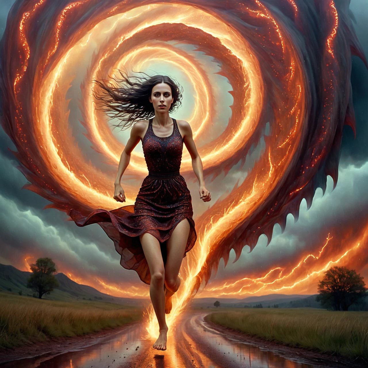 award-winning Expressionism Serbian woman running with a tornado in the background, very detailed, intricate, (dw01-3400:0.75), warm colour palette