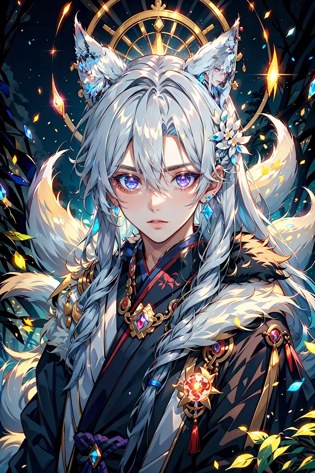 Kitsune_Yokai, Kitsune, solo, long hair, 1boy, fox ears, animal ear fluff, animal ears, jewelry, closed mouth, upper body, braid, white hair, male focus, earrings, lips, grey eyes, glowing, glowing eyes, Oni, Demonic, gem, circlet, fox tail, Kitsune tail, nine tailed fox, fur, fur trim, outdoors, LUT like A movie, Yokai, magic, glitter, vantage point<lora:YokaiKitsune:0.8>