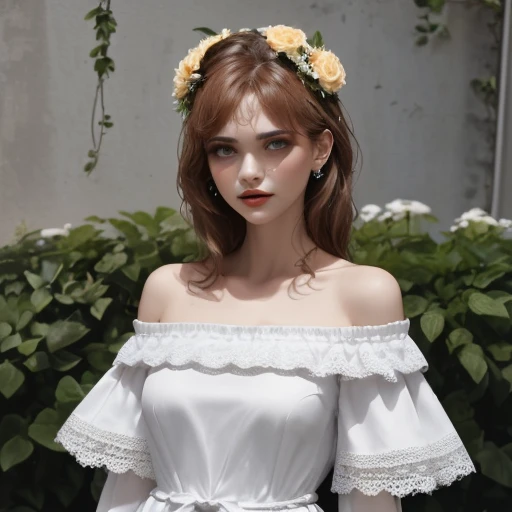 The best beauty.Wear a garland on your head.Off the shoulder dress with lace.,<lora:佳人-000010:1>,absurdres,