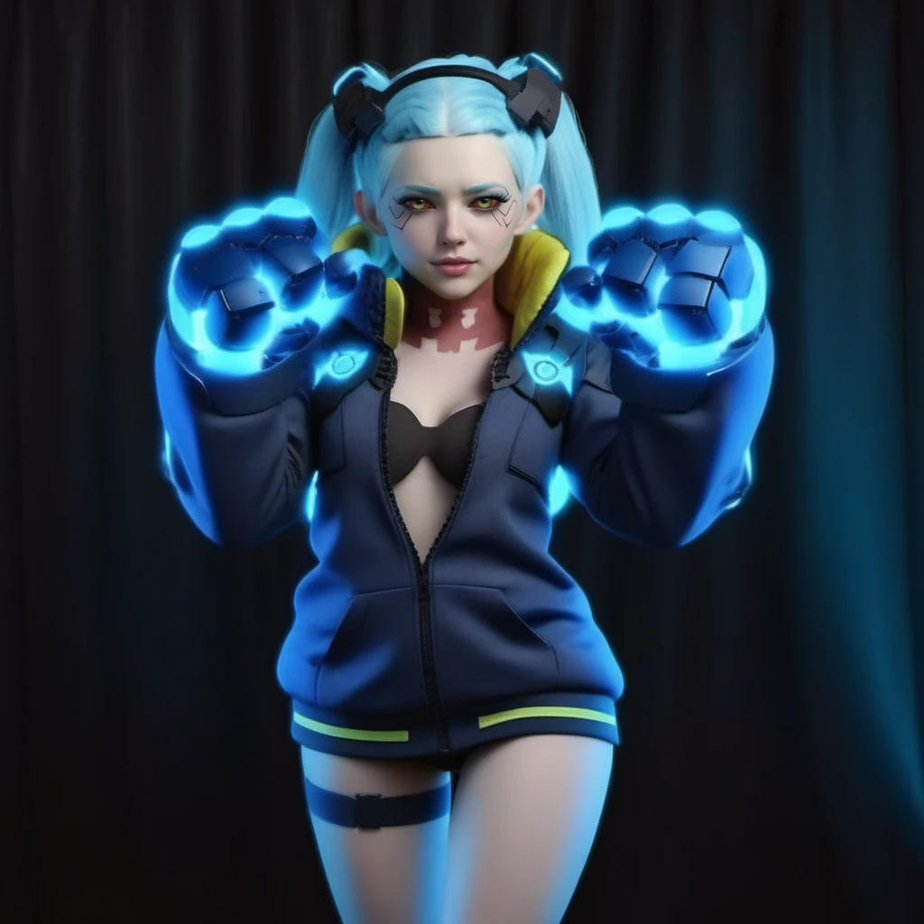 a woman with light blue skin, ligh blue hair, long pigtails,  wears a jacket, headphones, clenched robotic big fists, cyberpunk background, highly detailed, photography, ultra sharp, film, bokeh, professional, 64k <lora:Rebecca1024:0.8>