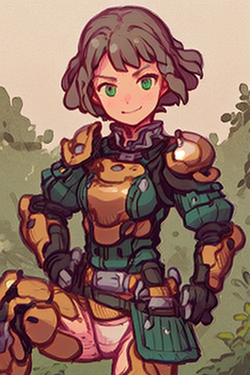 1girl, solo, weapon, brown hair, gun, bodysuit, green eyes, shoulder pads, armor, knee pads, full body, sword, holding, pauldrons, smile, spikes, boots, shoulder armor, knife, belt