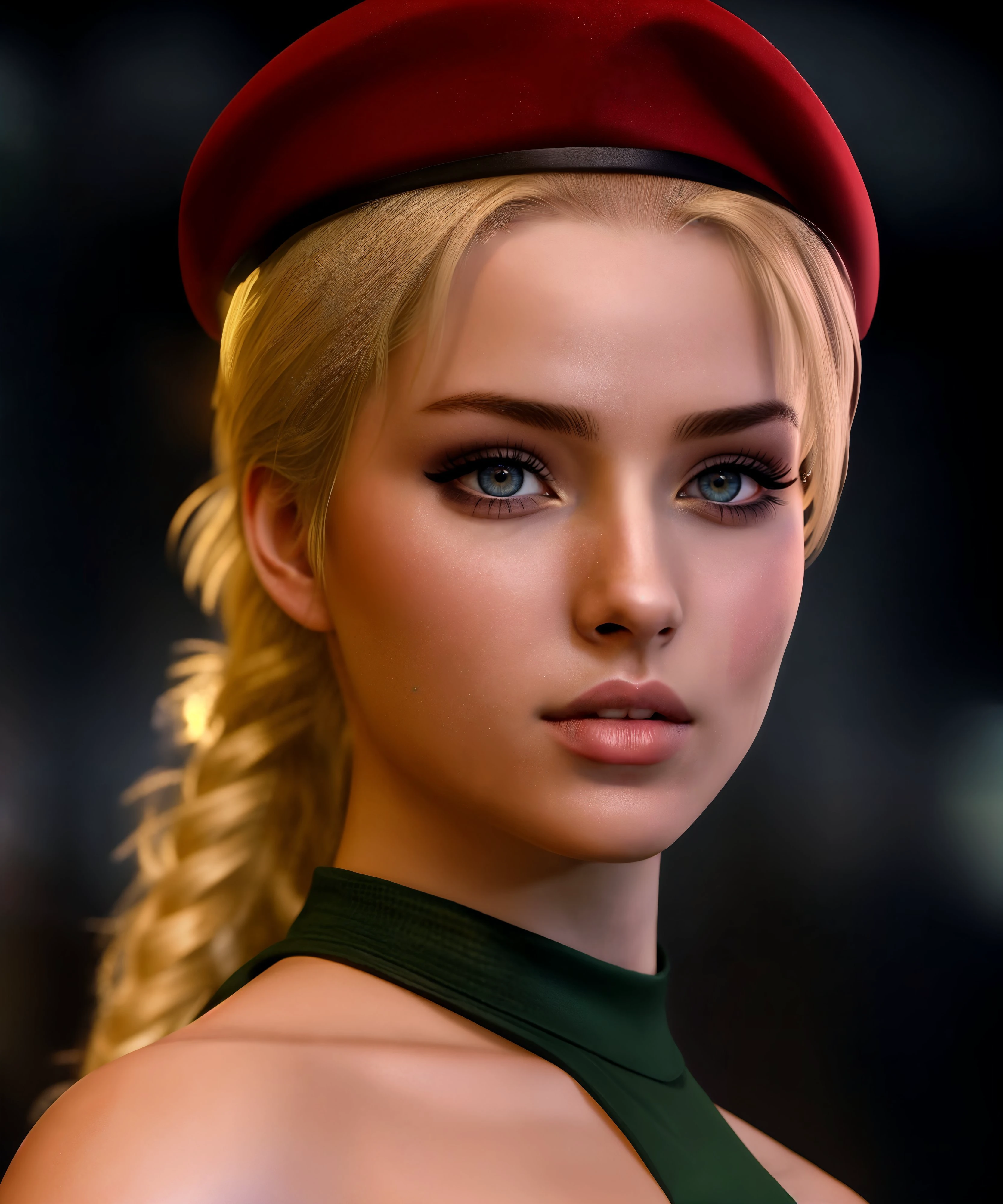 a cute woman, cammy, portrait, close up, modelshoot style, complex background, perfect lighting, volumetric lighting, internal glow, Best Quality, 8k, UHD, posing <lora:Cammy:0.7>