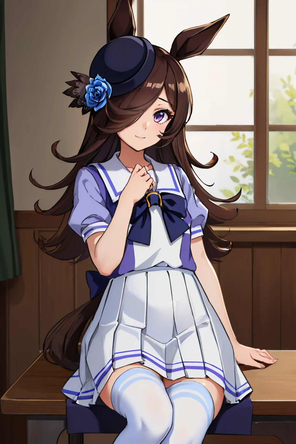 (masterpiece, best quality:1.2), solo, 1girl, riceshower, slight smile, looking at viewer, hair over one eye, hat, blue rose, horse ears, tracen school uniform, purple shirt, puffy short sleeves, white skirt, white thighhighs, horse tail <lora:umamusume_riceshower:1>