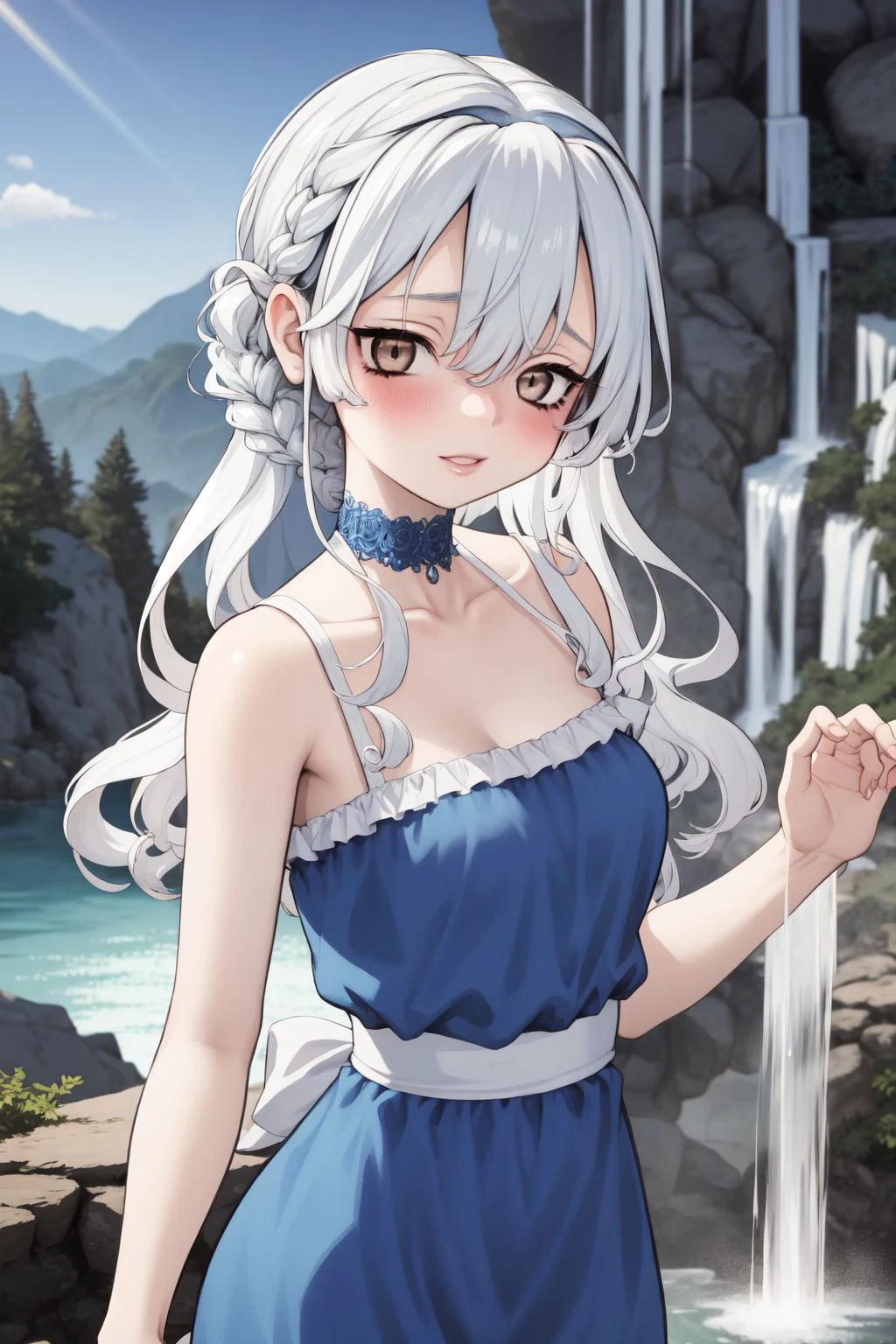 Penélope, the queen of Ithaca, is portrayed with a regal elegance and an aura of nobility that distinguishes her. His piercing eyes reveal his intelligence and cunning, enquanto seus cabelos escuros e luxuosos fluem em cachos, adding to its natural beauty. Her skin is pale and radiant, highlighting your immaculate beauty. With unparalleled grace, Penélope captivates everyone around her with her discreet and refined charm. These characteristics combined create an image of Penelope as a woman of timeless beauty and commanding presence.. By drawing her in anime style, imagine-a com um vestido longo e elegante, with details that reflect her position as queen, and a serene expression, but determined, em seu rosto. Her expressive eyes and hair flowing in a graceful movement add dynamism to her figure., enquanto sua postura reflete sua dignidade e nobreza.