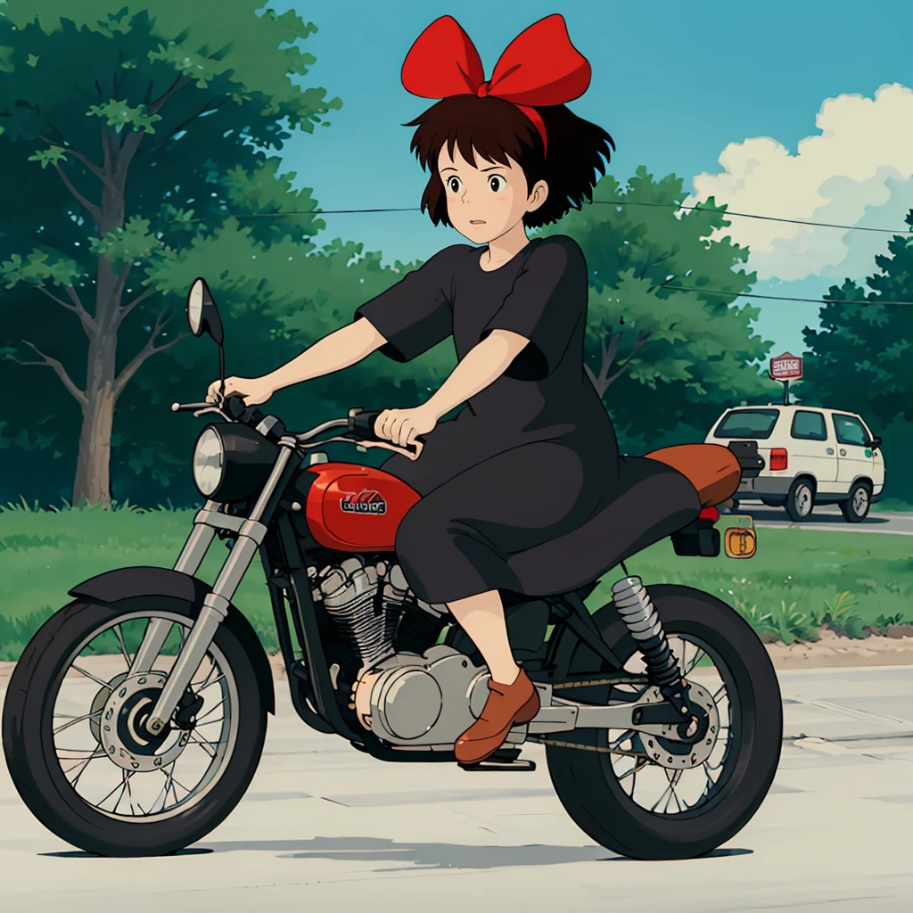 <lora:Kiki003:0.7>,
Kiki,1girl,short hair,brown hair,black eyes,hair bow,
hair bow,
black dress,
brown footwear,
riding,motorcycle,driving,