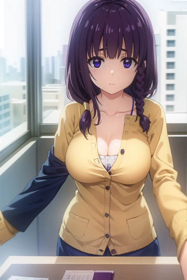 mayumatsukaze, <lora:mayu matsukaze s1-lora-nochekaiser:1>,
mayu matsukaze, long hair, bangs, purple hair, (purple eyes:1.1), braid, single braid, hair over shoulder,
BREAK shirt, pink shirt, collarbone, cleavage, cardigan, yellow cardigan,
BREAK indoors, classroom,
BREAK looking at viewer, (cowboy shot:1.5),
BREAK <lyco:GoodHands-beta2:1>, (masterpiece:1.2), best quality, high resolution, unity 8k wallpaper, (illustration:0.8), (beautiful detailed eyes:1.6), extremely detailed face, perfect lighting, extremely detailed CG, (perfect hands, perfect anatomy),