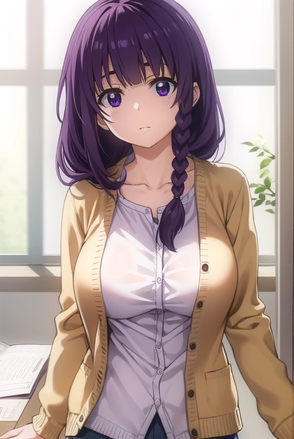 mayumatsukaze, <lora:mayu matsukaze s1-lora-nochekaiser:1>,
mayu matsukaze, long hair, bangs, purple hair, (purple eyes:1.1), braid, single braid, hair over shoulder,
BREAK shirt, pink shirt, collarbone, cleavage, cardigan, yellow cardigan,
BREAK indoors, classroom,
BREAK looking at viewer, (cowboy shot:1.5),
BREAK <lyco:GoodHands-beta2:1>, (masterpiece:1.2), best quality, high resolution, unity 8k wallpaper, (illustration:0.8), (beautiful detailed eyes:1.6), extremely detailed face, perfect lighting, extremely detailed CG, (perfect hands, perfect anatomy),