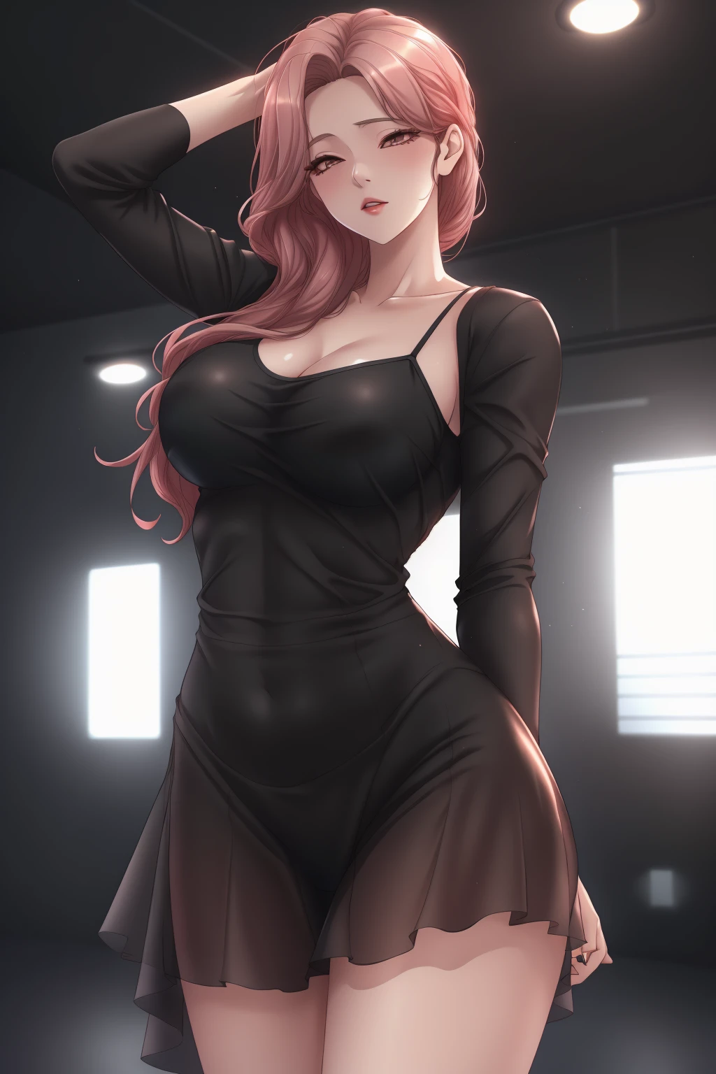 ((best quality)), absurdres, ((ultra high res)), yoon min-ji, a woman in a black dress is posing, extremely detailed, realistic, 8k, masterpiece, <lora:minji:0.8>