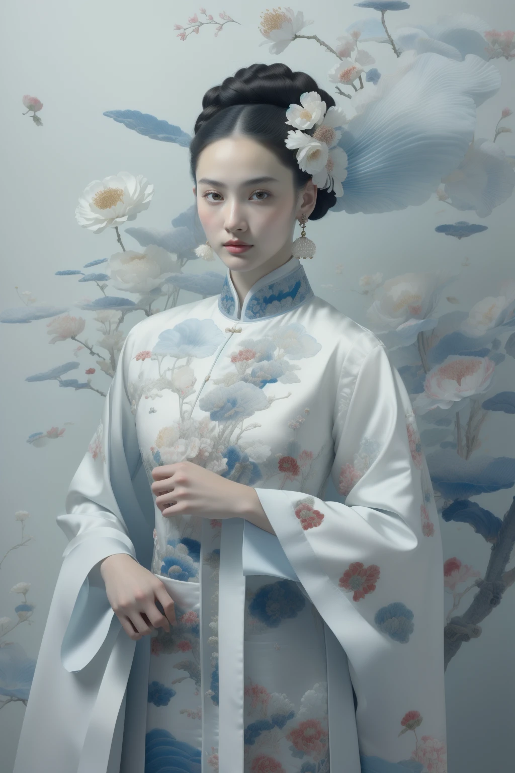 (masterpiece1.2),(best quality:1.2),highres,extremely detailed 8k wallpaper,very clear,realistic,1girl,full body,(soft smile),bare shoulders,solo,jewelry,earrings,realistic,1girl,black hair,chinese clothes,white qipao,looking at viewer,upper body,flower,shirt,peony \(flower\),white shirt,lips,hair ornament,black eyes,DOF,soft light,gongbi color ink style,<lora:epi_noiseoffset2:1>,<lora:white qipao:0.9>,<lora:huyefo2:0.8>,