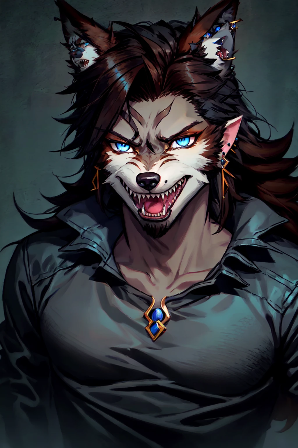 Were-Wolves, Werewolf transition, furry, furry male, brown fur, wolf boy, wolf ears, body fur, solo, open mouth, blue eyes, brown hair, 1boy, jewelry, male focus, earrings, teeth, tongue, brown fur, body fur, grey fur, fangs, scar, piercing, sharp teeth, ear piercing, scar on face, <lora:Werewolves:0.8>