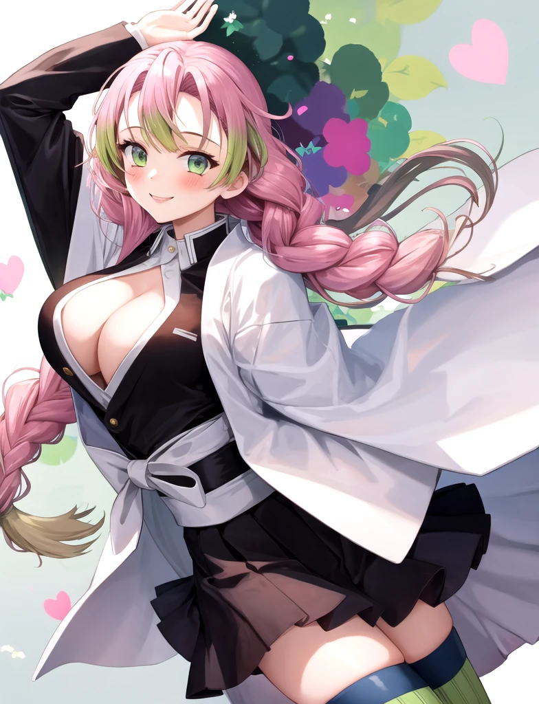 1girl, Mitsuri Kanroji, braid, japanese cloths, black skirt, green thighhighs, cleavage, open cloths, miniskirt, smile, blush
<lora:Mitsuri_Kanroji:1>