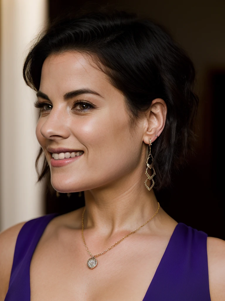 Realistic photo of a beautiful j41m134 woman,1girl,solo,breasts,smile,short hair,black hair,dress,jewelry,earrings,necklace,bracelet,lips,ring,purple dress,realistic,soft lighting, professional Photography, Photorealistic, detailed, RAW, analog, sharp focus, 8k, HD, high quality, masterpiece<lora:j41m134:1.0>