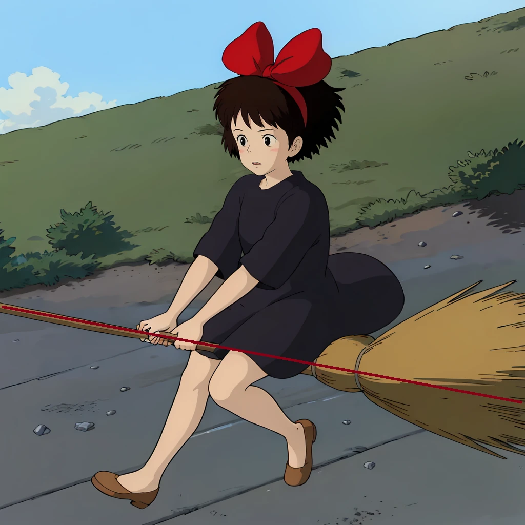 <lora:Kiki003:0.7>,<lora:broom001:0.4>,
Kiki,1girl,short hair,brown hair,black eyes,hair bow,
hair bow,
black dress,
brown footwear,
riding,broom,
