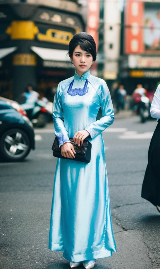 1 girl, standing on the street, ao dai, madam nhu, Saigon, RAW photo, pearl necklace, (high detailed skin:1.2), 8k uhd, dslr, soft lighting, high quality, film grain, Fujifilm XT3