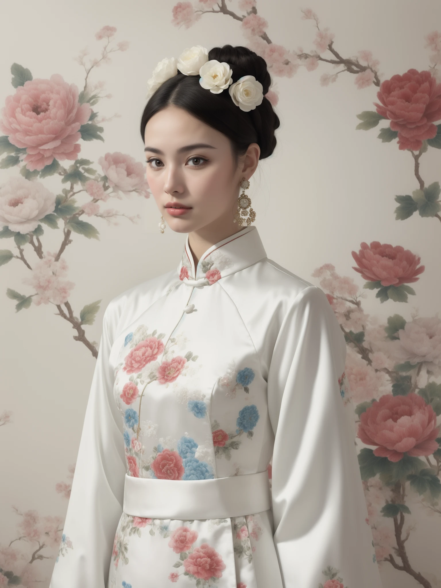 (masterpiece1.2),(best quality:1.2),highres,extremely detailed 8k wallpaper,very clear,realistic,1girl,full body,(soft smile),bare shoulders,solo,jewelry,earrings,realistic,1girl,black hair,chinese clothes,white qipao,looking at viewer,upper body,flower,shirt,peony \(flower\),white shirt,lips,hair ornament,black eyes,DOF,soft light,gongbi color ink style,<lora:epi_noiseoffset2:1>,<lora:white qipao:0.6>,