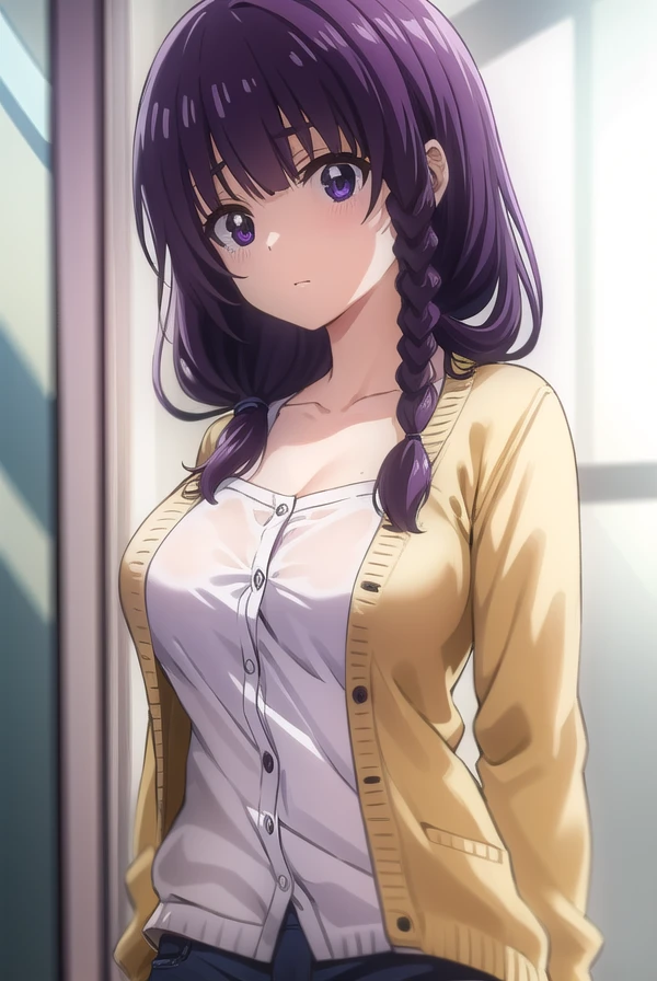 mayumatsukaze, <lora:mayu matsukaze s1-lora-nochekaiser:1>,
mayu matsukaze, long hair, bangs, purple hair, (purple eyes:1.1), braid, single braid, hair over shoulder,
BREAK shirt, pink shirt, collarbone, cleavage, cardigan, yellow cardigan,
BREAK indoors, classroom,
BREAK looking at viewer, (cowboy shot:1.5),
BREAK <lyco:GoodHands-beta2:1>, (masterpiece:1.2), best quality, high resolution, unity 8k wallpaper, (illustration:0.8), (beautiful detailed eyes:1.6), extremely detailed face, perfect lighting, extremely detailed CG, (perfect hands, perfect anatomy),