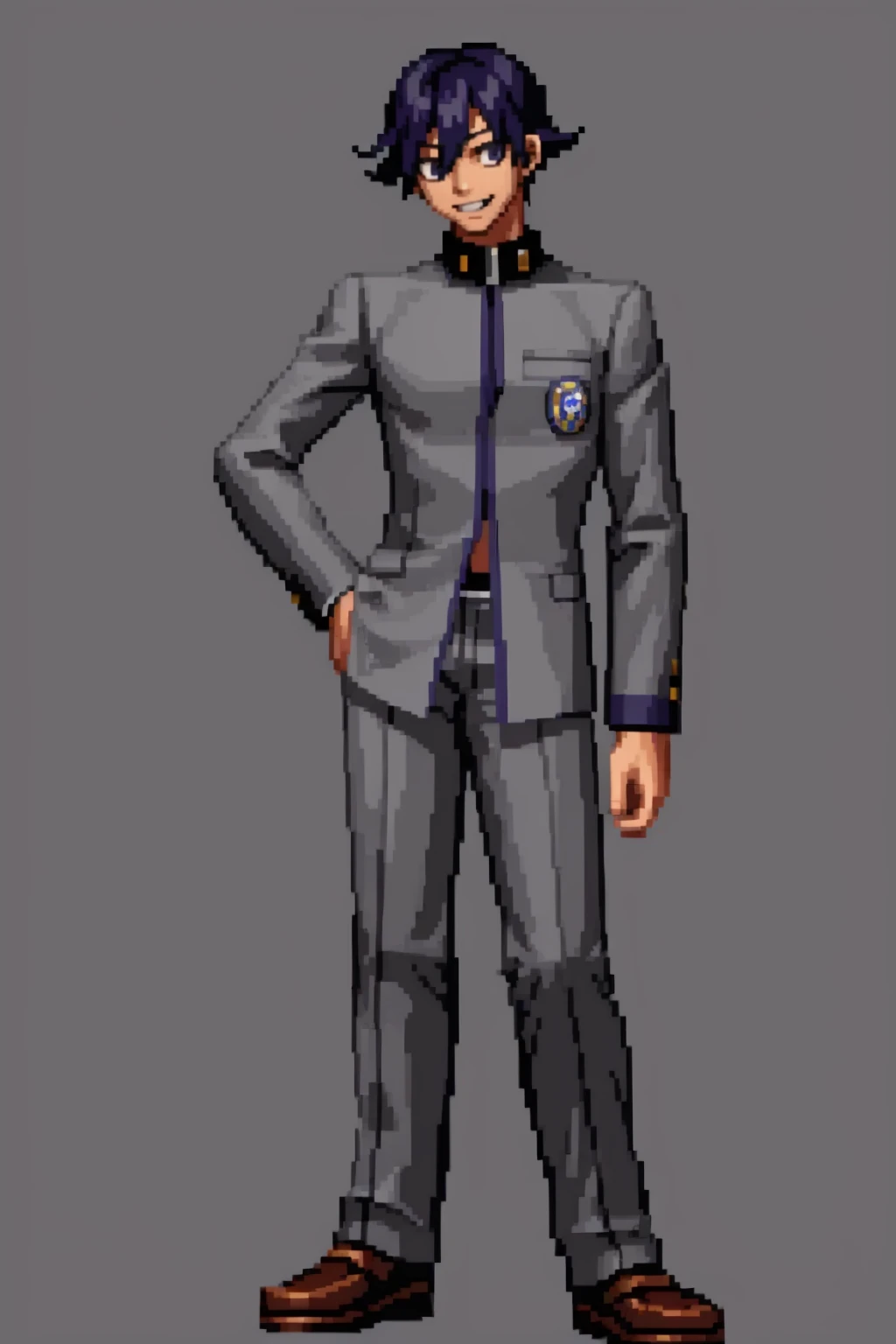 masterpiece, best quality, solo, smile, 1boy, smile, looking at viewer, <lora:SNK-Kof_sprites_Fp:0.8>, simple background, full body, <lora:NaoyaV3:1> Naoya, school uniform, grey pants,
