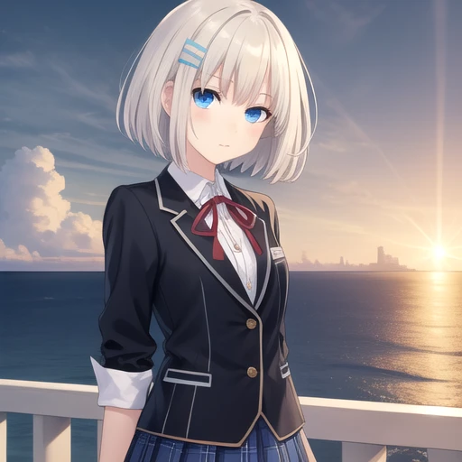 ((masterpiece)),(best quality),official art,extremely detailed CG,unity 8k wallpaper,ultra detailed,A lighthouse on a cliff by the sea,1girl,solo,upper body,looking at viewer,tobiichi origami,aqua hair,white shirt,black jacket,blue eyes,deadpan,pleated skirt,school uniform,short hair,blue skirt,hairclip,red ribbon,white socks,loafers,<lora:Tobiichi Origami(dal)>,<lora:TSNeptunia-000045:0.5>,