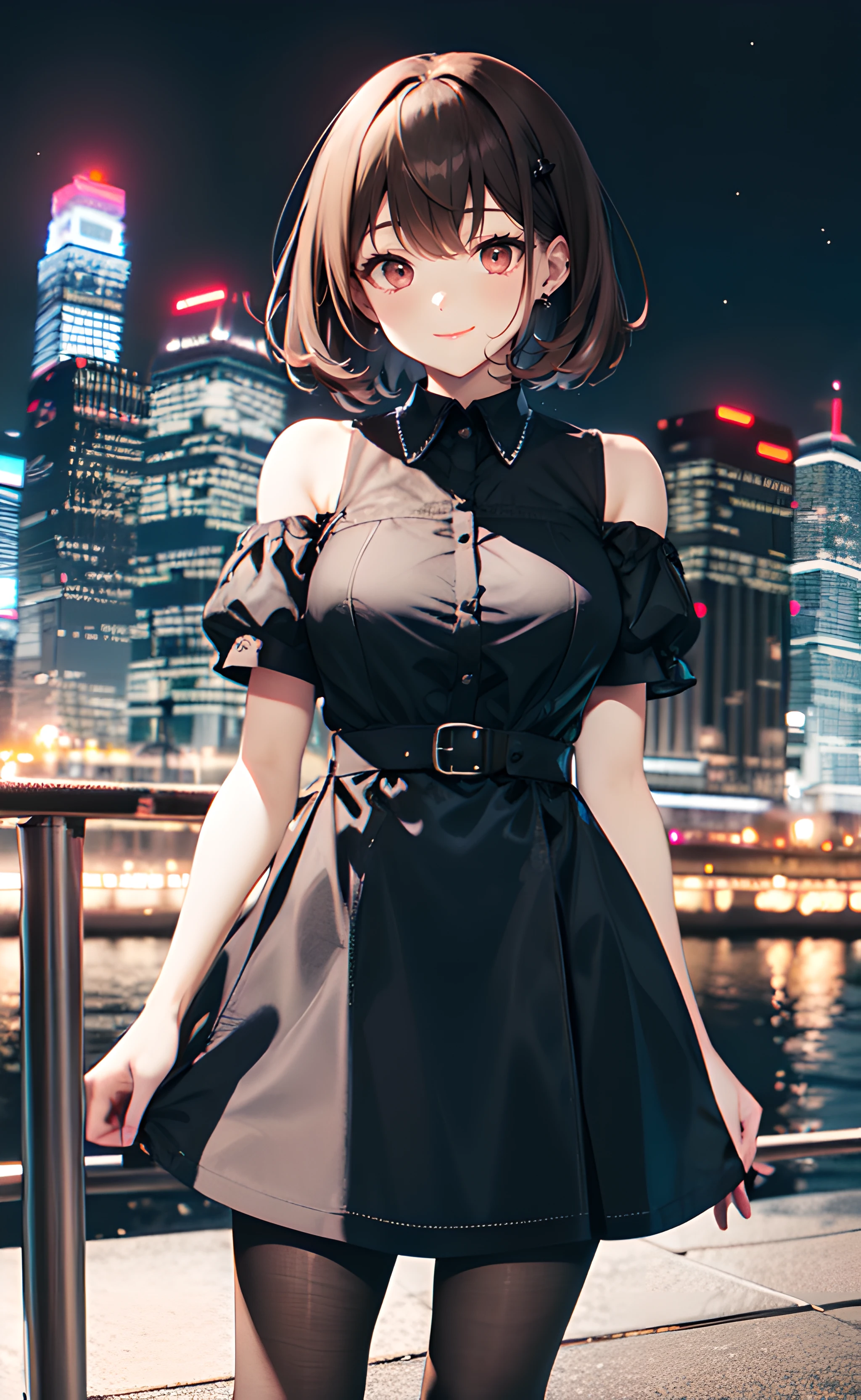 1girl, cowboy shot, standing, short hair, brown hair, red eyes, black dress, collared dress, short sleeves, shoulder cutout, black pantyhose, bare shoulders, closed mouth, smile, outdoors, city, cityscape, night, night sky