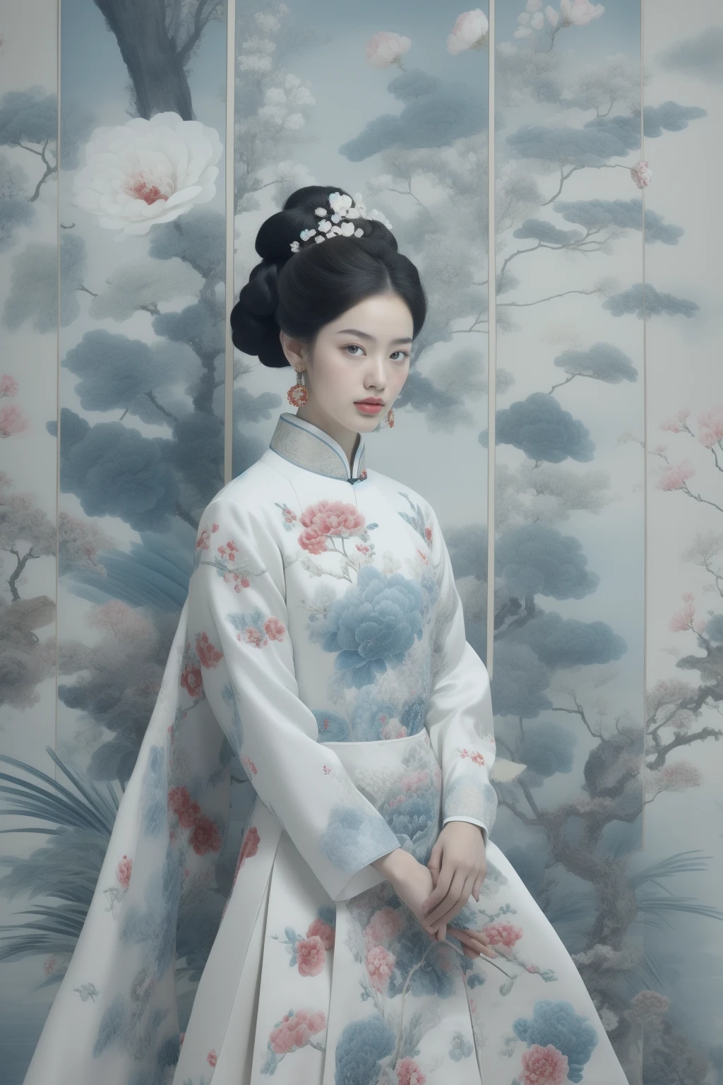 (masterpiece1.2),(best quality:1.2),highres,extremely detailed 8k wallpaper,very clear,realistic,1girl,full body,(soft smile),bare shoulders,solo,jewelry,earrings,realistic,1girl,black hair,chinese clothes,white qipao,looking at viewer,upper body,flower,shirt,peony \(flower\),white shirt,lips,hair ornament,black eyes,DOF,soft light,gongbi color ink style,<lora:epi_noiseoffset2:1>,<lora:white qipao:0.9>,<lora:anxiang:0.4>,