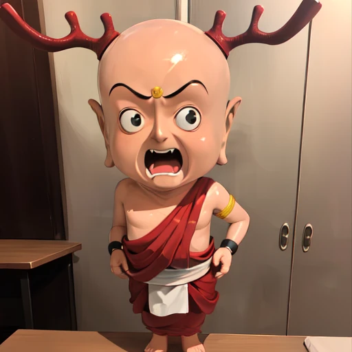sentokun, <lora:sentokun_v1:0.9>
1boy,chibi, , monk,shaved head, big head, deer horns, pointy ears, robe,single bare shoulder,bare arms,
solo, solo focus, screaming, angry, face,battle,