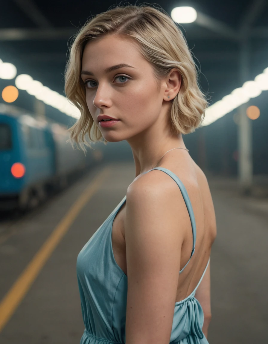 (Very close shot, zoomed in close-up face portrait:1.5) photo of a thinking, (closed mouth:1.5) shy amateur fit young 18 year old Czech woman with medium wavy pixie cut blonde hair,. (small breasts:1.3), toned ass. She is wearing a (light blue silk long flowing dress, high heel sandals:1.1). She is erotically walking facing left, in a industrial district with industrial pipes and terminals in the background. night, foggy. cinematic lighting, vibrant colors, detailed skin texture, detailed cloth texture, beautiful detailed perfect face, intricate sharp details, ultra high res