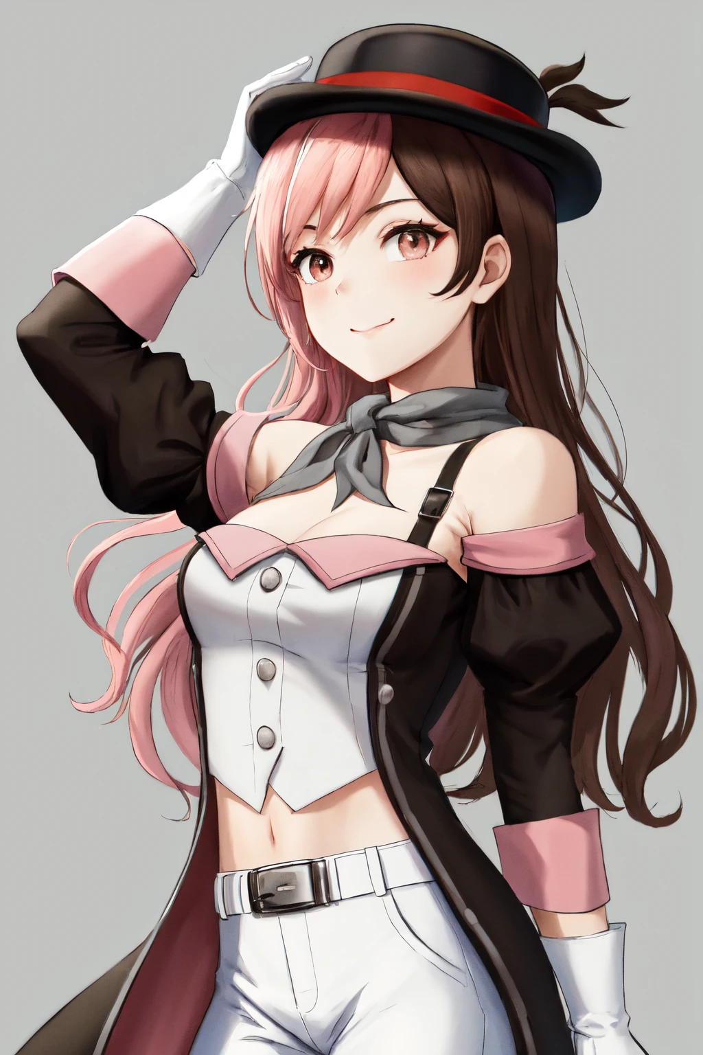 masterpiece, (detailed, highres, best quality), 1girl,  <lora:sprwbyNeopolitan-27:1> neopolitanatlas, bowler hat, grey scarf, white gloves, white shirt, off-shoulder shirt, black sleeves, midriff, white belt, white pants, blurry, depth of field, simple background, white background, Profile View, closed mouth, finger to mouth, head tilt, light smile, looking at viewer, raised eyebrows, solo