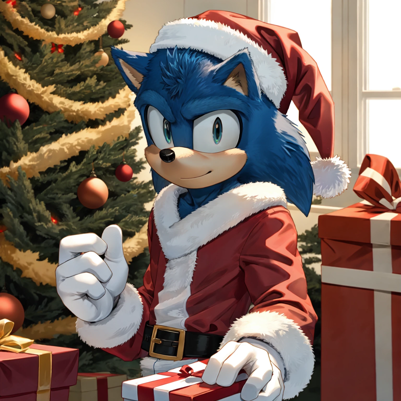 sonic_the_hedgehog,christmas,christmas tree,santa hat,santa outfit,gloves,presents,looking at viewer,
<lora:sonic_1.5-v1:0.8>