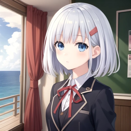 ((masterpiece)),(best quality),official art,extremely detailed CG,unity 8k wallpaper,ultra detailed,A lighthouse on a cliff by the sea,1girl,solo,upper body,(portrait:1.2),looking at viewer,tobiichi origami,aqua hair,white shirt,black jacket,blue eyes,deadpan,pleated skirt,school uniform,short hair,blue skirt,hairclip,red ribbon,white socks,loafers,<lora:Tobiichi Origami(dal)>,<lora:TSNeptunia-000045:0.5>,