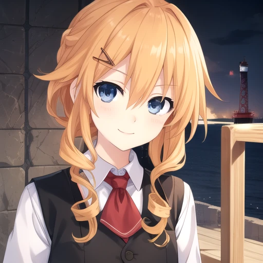 ((masterpiece)),(best quality),official art,extremely detailed CG,unity 8k wallpaper,ultra detailed,A lighthouse on a cliff by the sea,1girl,solo,upper body,(portrait:1.2),looking at viewer,yamai kaguya,orange hair,smile,blue eyes,braid,sidelocks,very long hair,hair between eyes,hair ornament,eyebrows visible through hair,braid drill,black shorts,white shirt,Long sleeve shirt,drill hair,harness waistcoat,black waistcoat,cuffs,red bow,black shorts,red belt,white socks,loafers,<lora:Yamai Kaguya(dal)>,<lora:TSNeptunia-000045:0.5>,