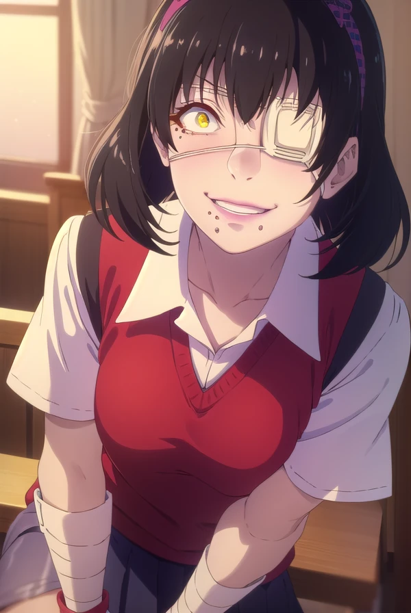 midariikishima, <lora:midari ikishima s2-lora-nochekaiser:1>,
midari ikishima, short hair, black hair, hairband, mole, (eyepatch:1.5), mole under mouth, smile, (yellow eyes:1.2), grin,
BREAK skirt, shirt, school uniform, pleated skirt, bandages, wristband, sweater vest, (red sweater vest:1.3),
BREAK indoors, classroom,
BREAK looking at viewer, (cowboy shot:1.5),
BREAK <lyco:GoodHands-beta2:1>, (masterpiece:1.2), best quality, high resolution, unity 8k wallpaper, (illustration:0.8), (beautiful detailed eyes:1.6), extremely detailed face, perfect lighting, extremely detailed CG, (perfect hands, perfect anatomy),