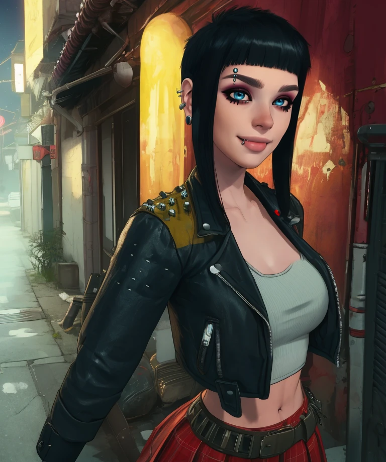 switchb,piercings,blue eyes,make-up,bangs,black hair,sidelocks,smile,
earrings,fingerless gloves,black jacket,belt,white crop top,red skirt,navel,
standing,
alley,night,science fiction,
(insanely detailed, beautiful detailed face,beautiful detailed eyes, masterpiece, best quality),solo,<lora:switch:0.8>,