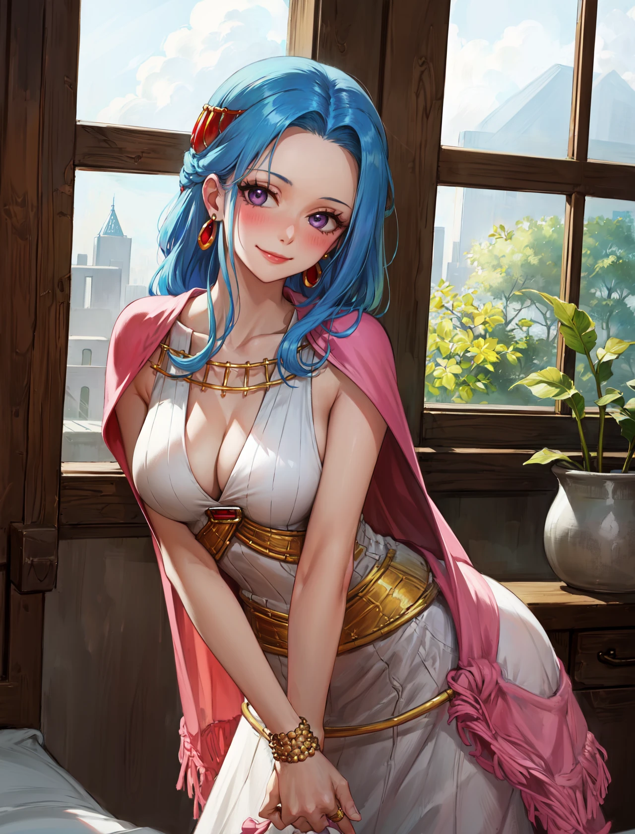 masterpiece, best quality, highres,
NefertariDef, 1girl, solo, long hair, breasts, large breasts, hair ornament, dress, cleavage, jewelry, closed mouth, blue hair, purple eyes, collarbone, earrings, sleeveless, cape, white dress, bracelet, eyelashes, sideboob, sleeveless dress,
<lora:LoRA_Nefertari:1>, leaning forward, head tilt, medieval room, cowboy shot, on bed, window, looking at viewer, smile, blush,