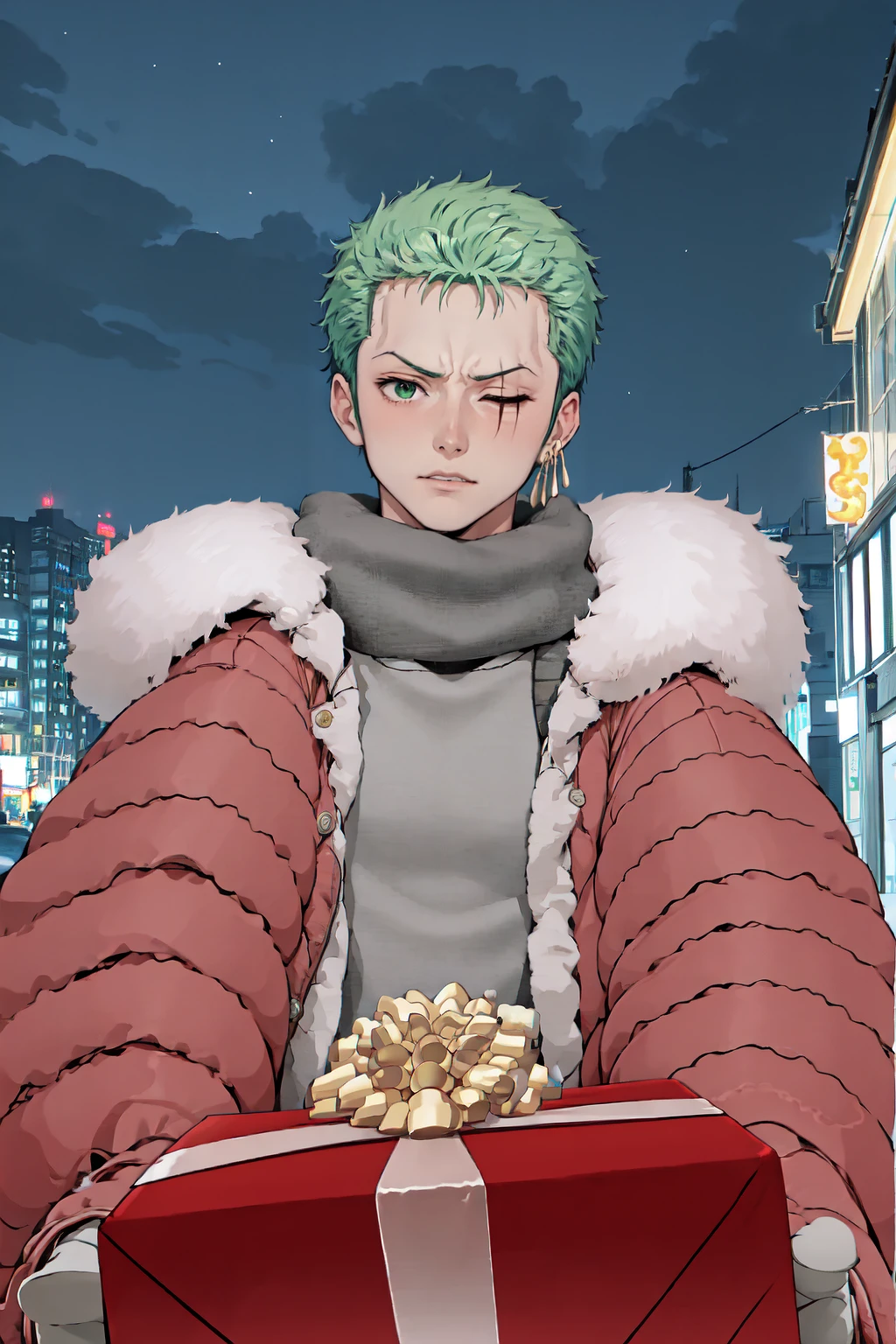 IncrsGettingAPresent, pov, winter clothes, scarf, <lora:POVGettingAPresent:1>, outdoors, night, roronoa zoro, muscular male, scar, scar across eye, green hair, <lora:Char_OnePeace_Zoro:1>