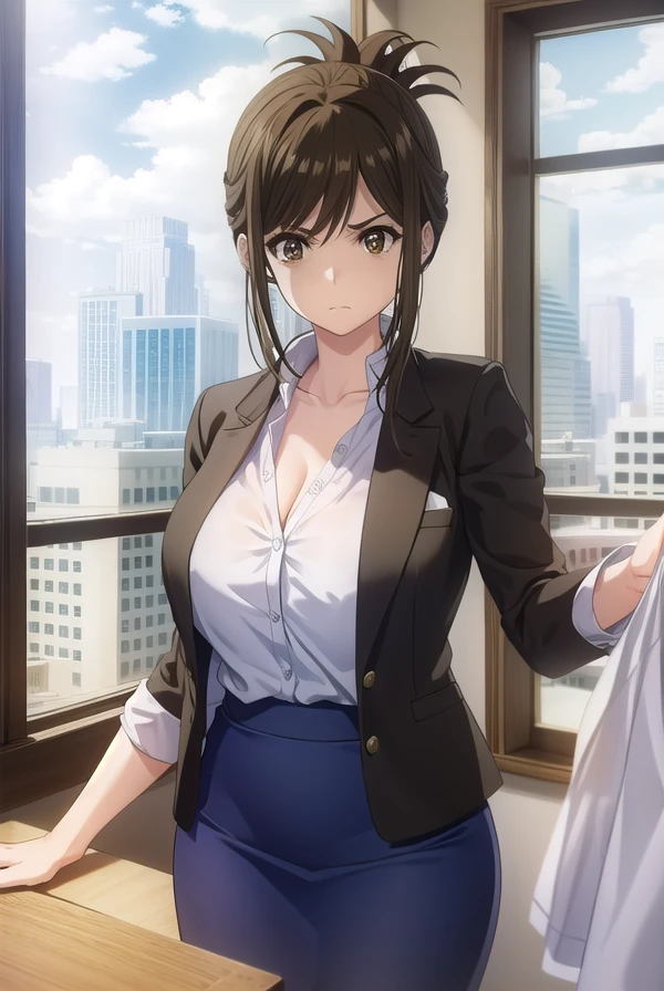 kanakojima, <lora:kana kojima s1-lora-nochekaiser:1>,
kana kojima, brown hair, (brown eyes:1.5), folded ponytail, angry, frown,
BREAK shirt, cleavage, white shirt, skirt, pencil skirt,
BREAK indoors, classroom,
BREAK looking at viewer, (cowboy shot:1.5),
BREAK <lyco:GoodHands-beta2:1>, (masterpiece:1.2), best quality, high resolution, unity 8k wallpaper, (illustration:0.8), (beautiful detailed eyes:1.6), extremely detailed face, perfect lighting, extremely detailed CG, (perfect hands, perfect anatomy),