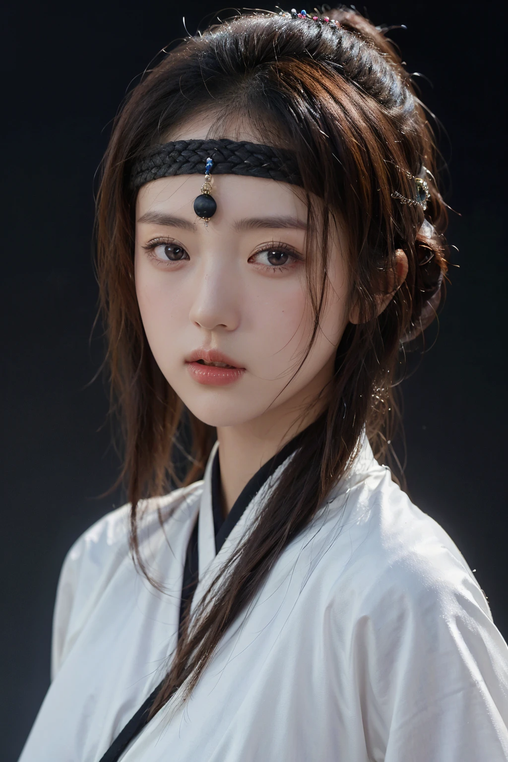 <lora:nvshenlongv2:0.7>,nvshenlong,shangguanyan,Headwear,Black braided headband,The black stone hung on the forehead,1girl,solo,dress,black hair,white dress,hair bun,single hair bun,looking at viewer,lips,brown hair,chinese clothes,Black background,Background of Chinese calligraphy,portrait,absurdres,, (masterpiece:1.2), best quality, highres,extremely detailed CG,perfect lighting,8k wallpaper,photograph, photorealistic,, best quality , masterpiece, illustration, an extremely delicate and beautiful, extremely detailed ,CG,unity,8k wallpaper, Amazing, finely detail, masterpiece, best quality,official art,extremely detailed CG unity 8k wallpaper,absurdres, incredibly absurdres, huge filesize , ultra-detailed, highres, extremely detailed,beautiful detailed girl, extremely detailed eyes and face, beautiful detailed eyes,light on face,