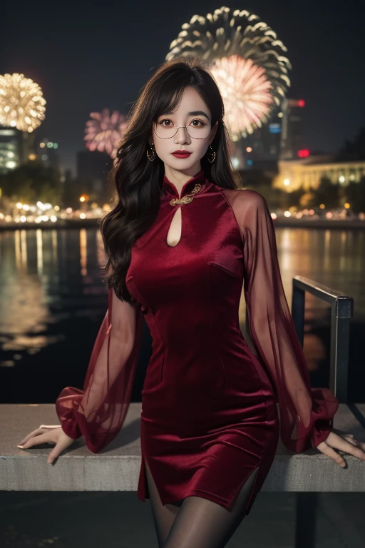 ltra-detailed,highly detailed,best quality,masterpiece,illustration,realistic,photorealistic,
whqp, qipao, solo, 1girl,
red dress,red sleeves, crossdressing,
chinese clothes, china dress, see-through sleeves, long sleeves, cleavage cutout, pantyhose, round eyewear, side slit,
long hair, bangs,
looking at viewer,cowboy shot,
outdoors, city,night,city lights, park, aerial fireworks, firework background,
<lora:whqp qipao_v1_03:0.7>